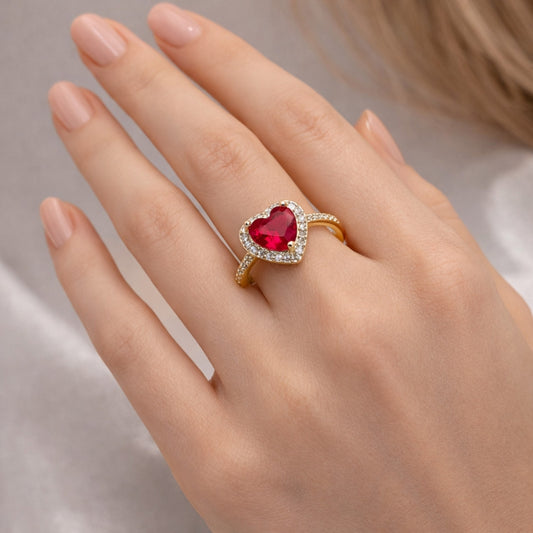 Oro Laminado Multi Stone Ring, Gold Filled Style Heart and Cluster Design, with Ruby Cubic Zirconia and White Micro Pave, Polished, Golden Finish