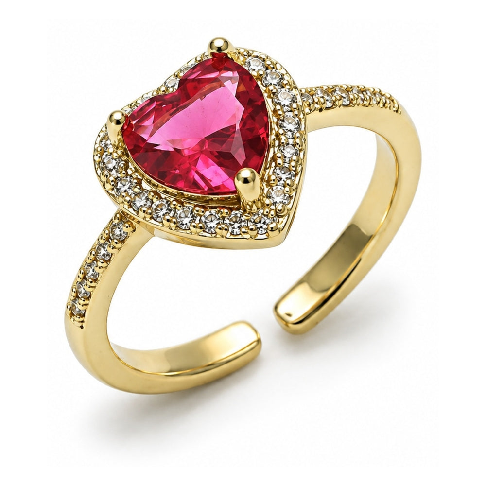 Oro Laminado Multi Stone Ring, Gold Filled Style Heart and Cluster Design, with Ruby Cubic Zirconia and White Micro Pave, Polished, Golden Finish