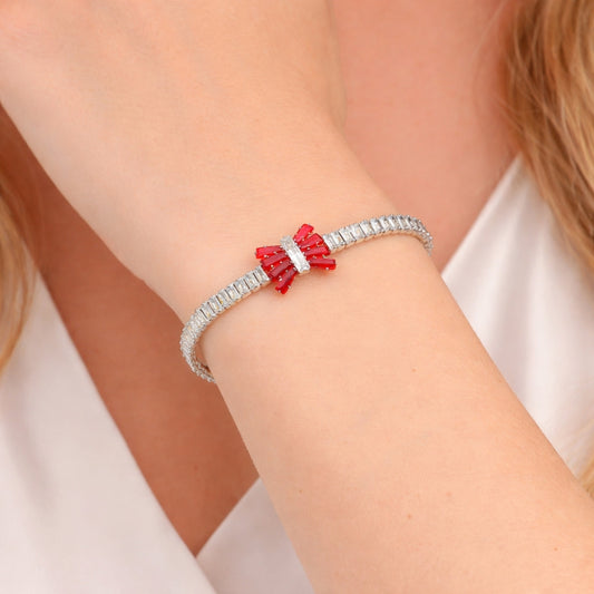 Rhodium Gold Filled Fancy Bracelet, Bow and Baguette Design, with Garnet and White Cubic Zirconia, Polished, Rhodium Finish