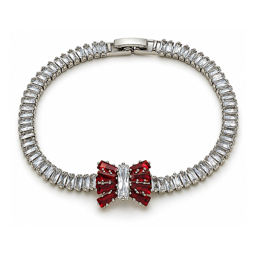 White Gold Filled Fancy Bracelet, Bow and Baguette Design, with Garnet and White Cubic Zirconia, Polished, Rhodium Finish