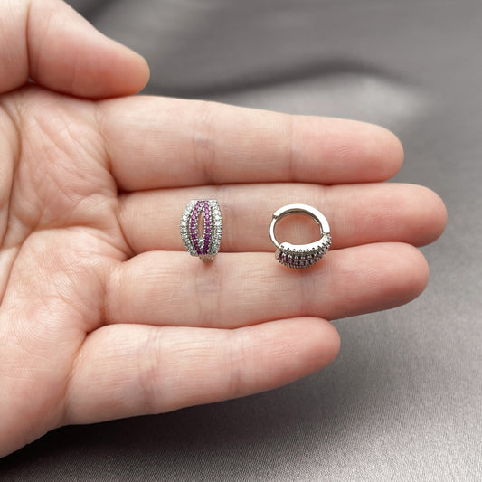 Rhodium Gold Filled Huggie Hoop, with Ruby and White Micro Pave, Polished, Rhodium Finish