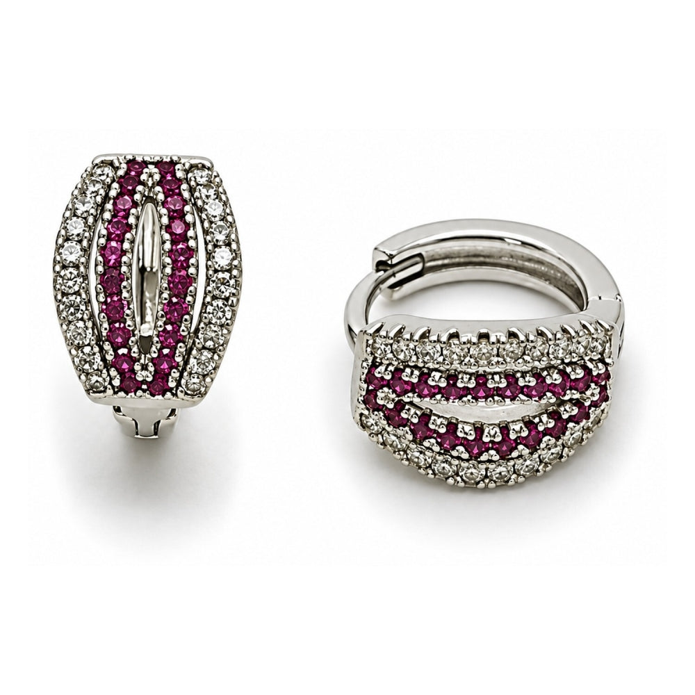White Gold Filled Huggie Hoop, with Ruby and White Micro Pave, Polished, Rhodium Finish