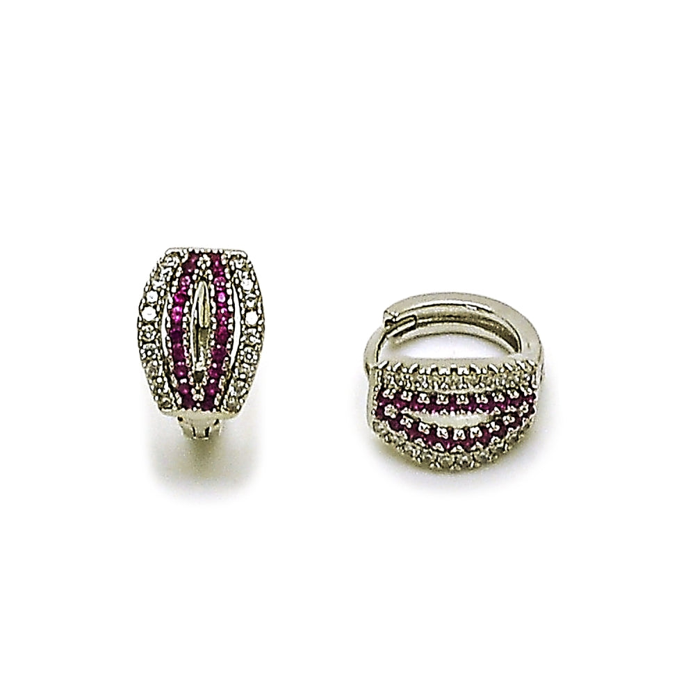 Rhodium Gold Filled Huggie Hoop, with Ruby and White Micro Pave, Polished, Rhodium Finish