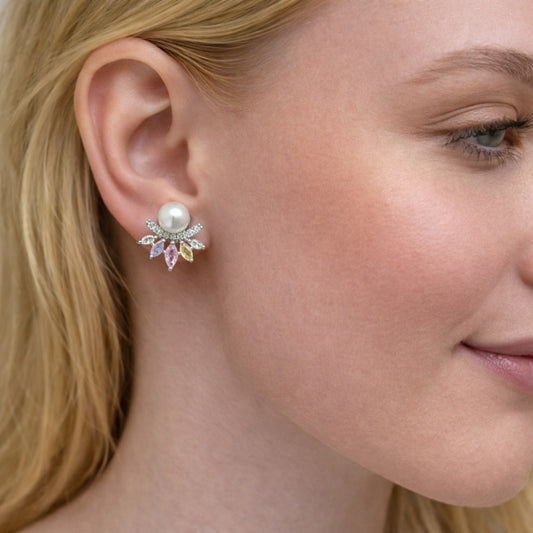 Rhodium Gold Filled Stud Earring, Flower Design, with Multicolor and White Cubic Zirconia, Polished, Rhodium Finish