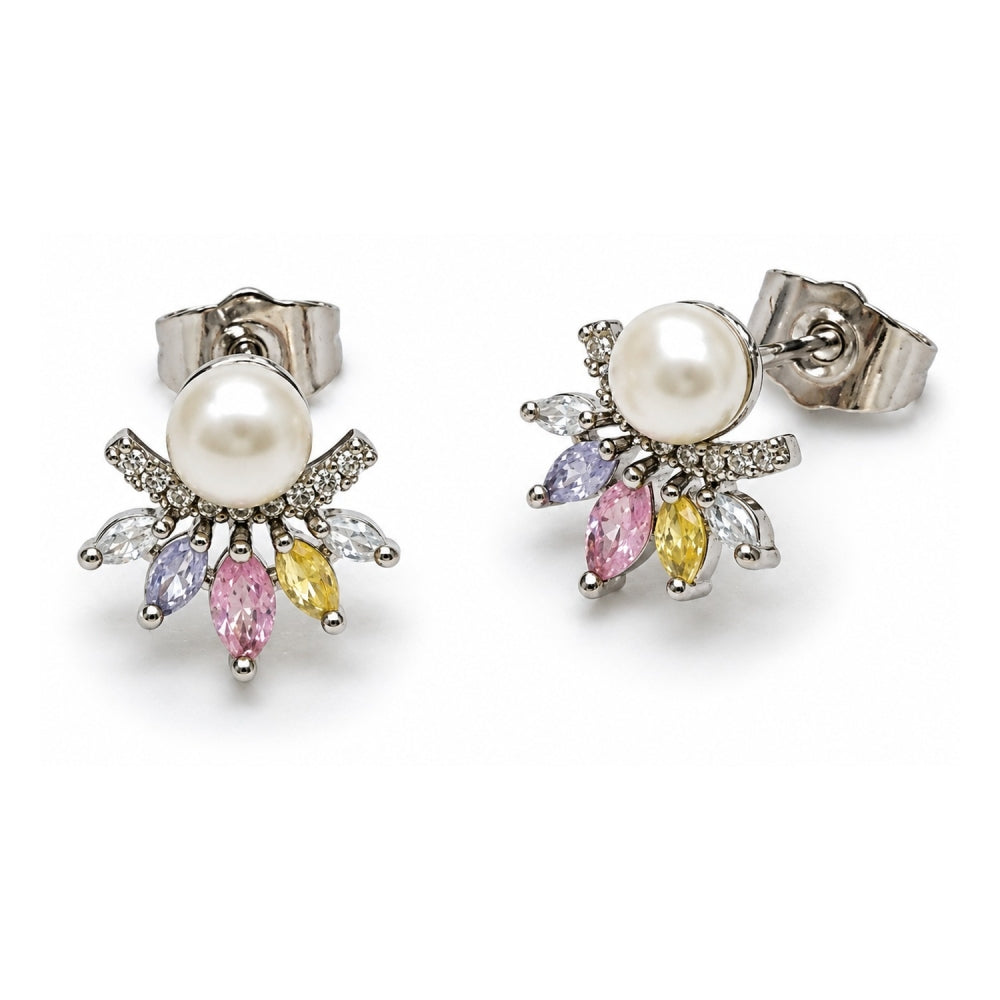 White Gold Filled Stud Earring, Flower Design, with Multicolor and White Cubic Zirconia, Polished, Rhodium Finish