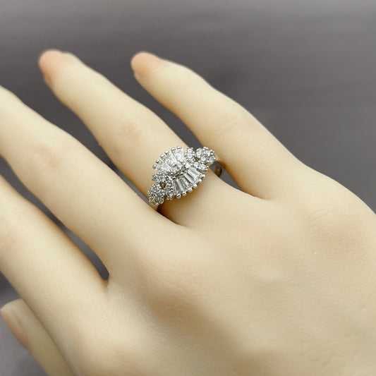 White Gold Filled Multi Stone Ring, Baguette Design, with White Cubic Zirconia and White Micro Pave, Polished, Rhodium Finish