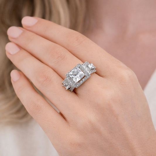 White Gold Filled Multi Stone Ring, Cluster Design, with White Cubic Zirconia and White Micro Pave, Polished, Rhodium Finish