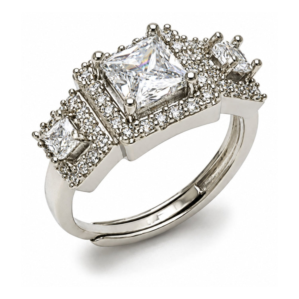 White Gold Filled Multi Stone Ring, Cluster Design, with White Cubic Zirconia and White Micro Pave, Polished, Rhodium Finish