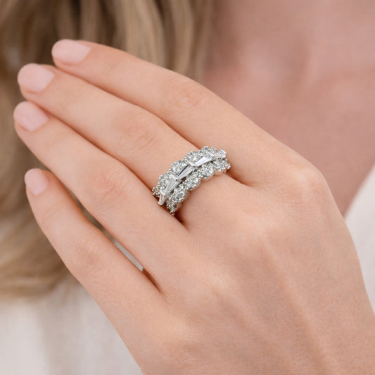 White Gold Filled Multi Stone Ring, Baguette Design, with White Cubic Zirconia, Polished, Rhodium Finish