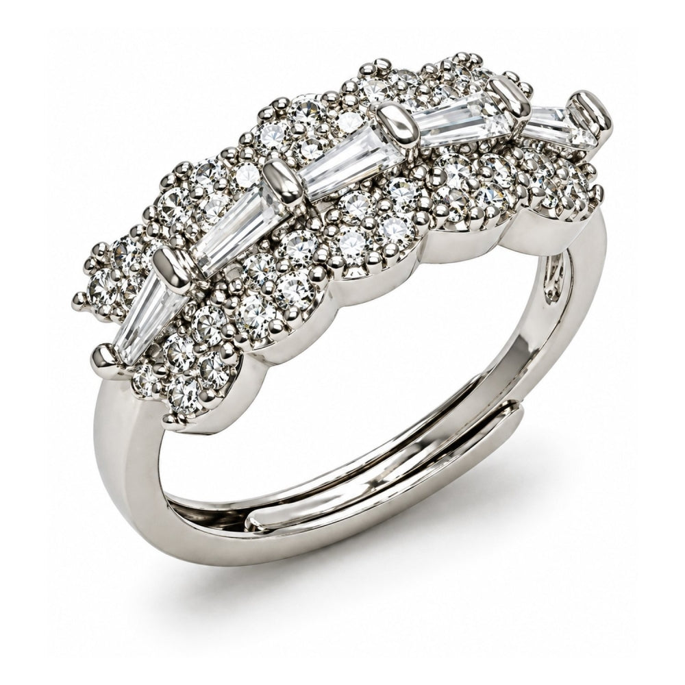 White Gold Filled Multi Stone Ring, Baguette Design, with White Cubic Zirconia, Polished, Rhodium Finish