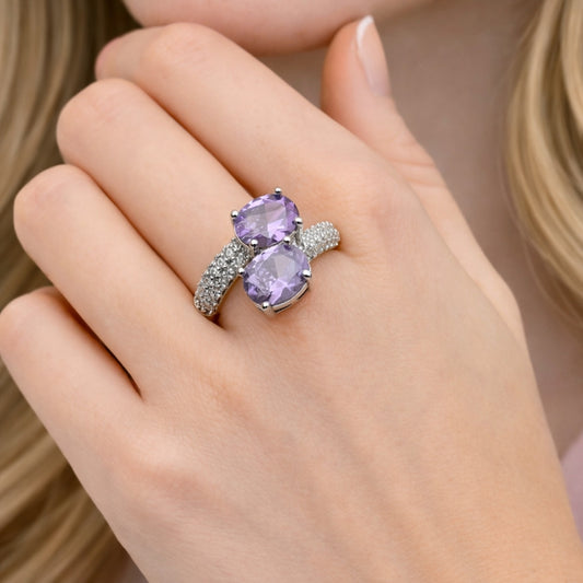 Rhodium Gold Filled Multi Stone Ring, with Amethyst Cubic Zirconia and White Micro Pave, Polished, Rhodium Finish