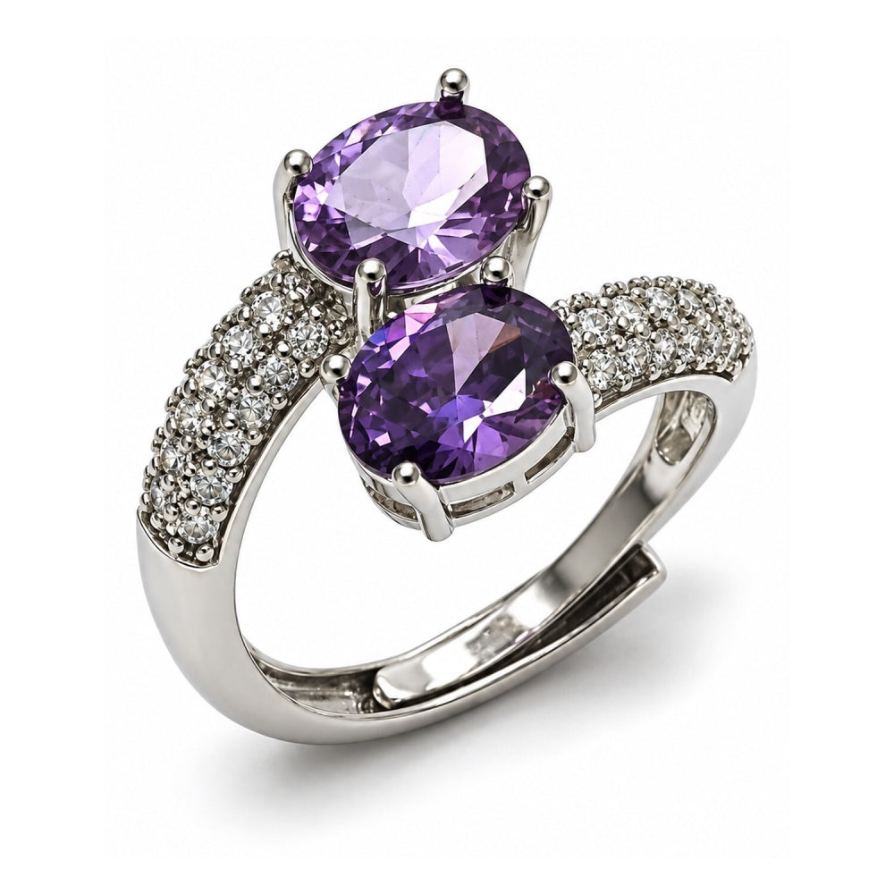 White Gold Filled Multi Stone Ring, with Amethyst Cubic Zirconia and White Micro Pave, Polished, Rhodium Finish