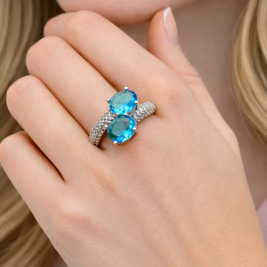 Rhodium Gold Filled Multi Stone Ring, with Aqua Blue Cubic Zirconia, Polished, Rhodium Finish