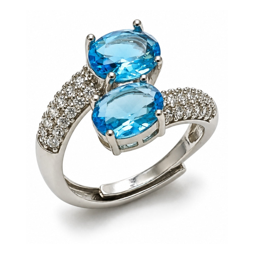 White Gold Filled Multi Stone Ring, with Aqua Blue Cubic Zirconia, Polished, Rhodium Finish
