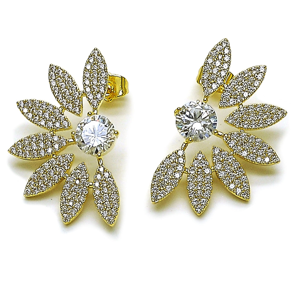 Oro Laminado Stud Earring, Gold Filled Style Flower Design, with White Cubic Zirconia and White Micro Pave, Polished, Golden Finish