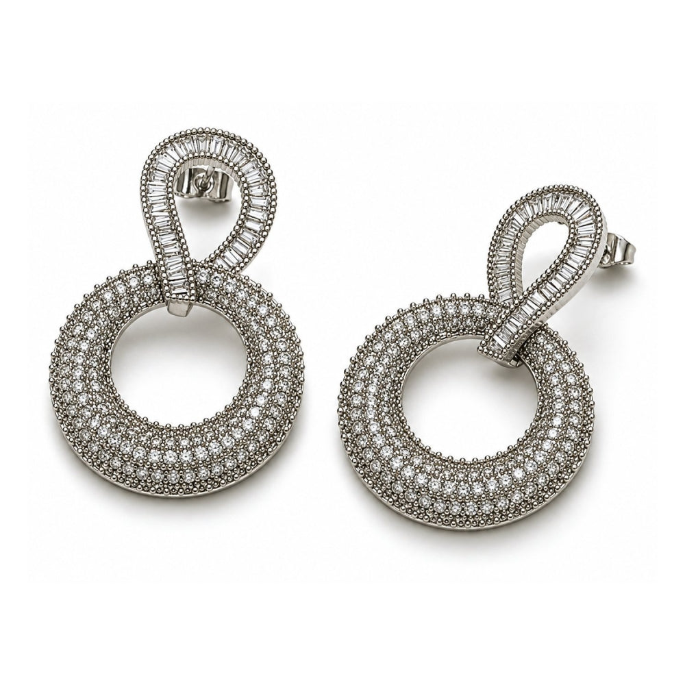White Gold Filled Stud Earring, Baguette Design, with White Cubic Zirconia, Polished, Rhodium Finish