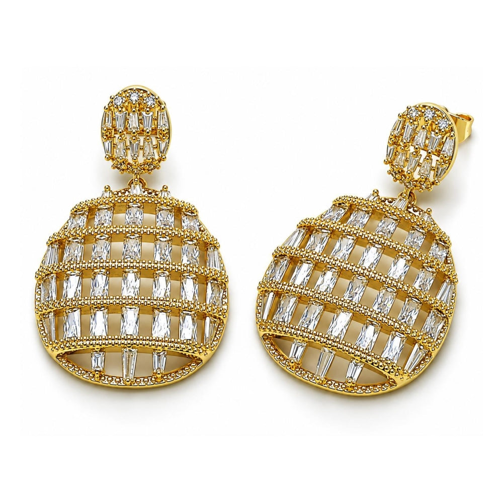 Oro Laminado Dangle Earring, Gold Filled Style Baguette Design, with White Cubic Zirconia, Polished, Golden Finish