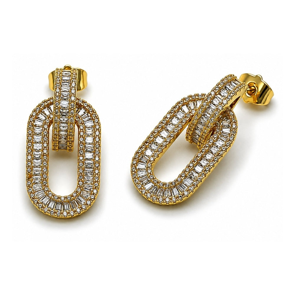 Oro Laminado Dangle Earring, Gold Filled Style Baguette and Cluster Design, with White Cubic Zirconia and White Micro Pave, Polished, Golden Finish