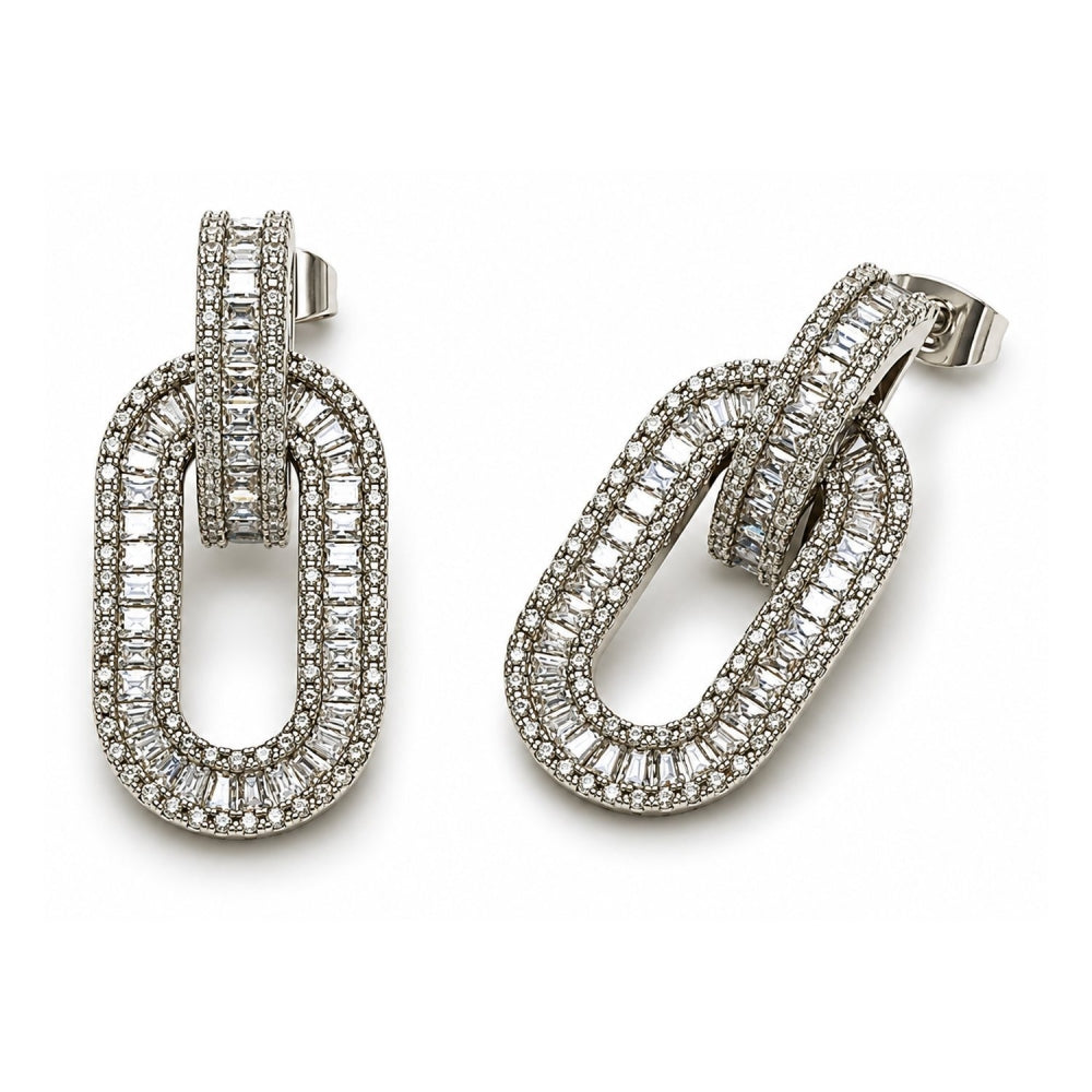 White Gold Filled Dangle Earring, Cluster and Baguette Design, with White Cubic Zirconia and White Micro Pave, Polished, Rhodium Finish