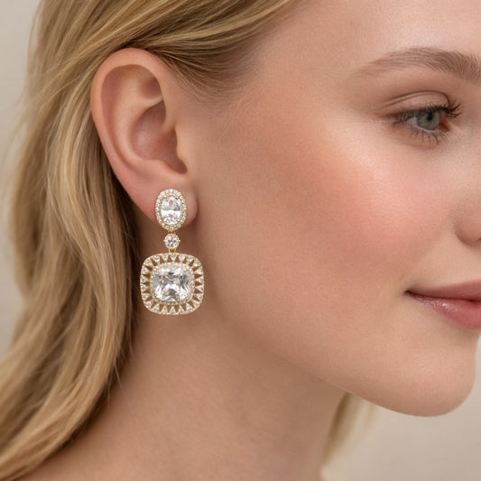 Oro Laminado Dangle Earring, Gold Filled Style Cluster Design, with White Cubic Zirconia and White Micro Pave, Polished, Golden Finish