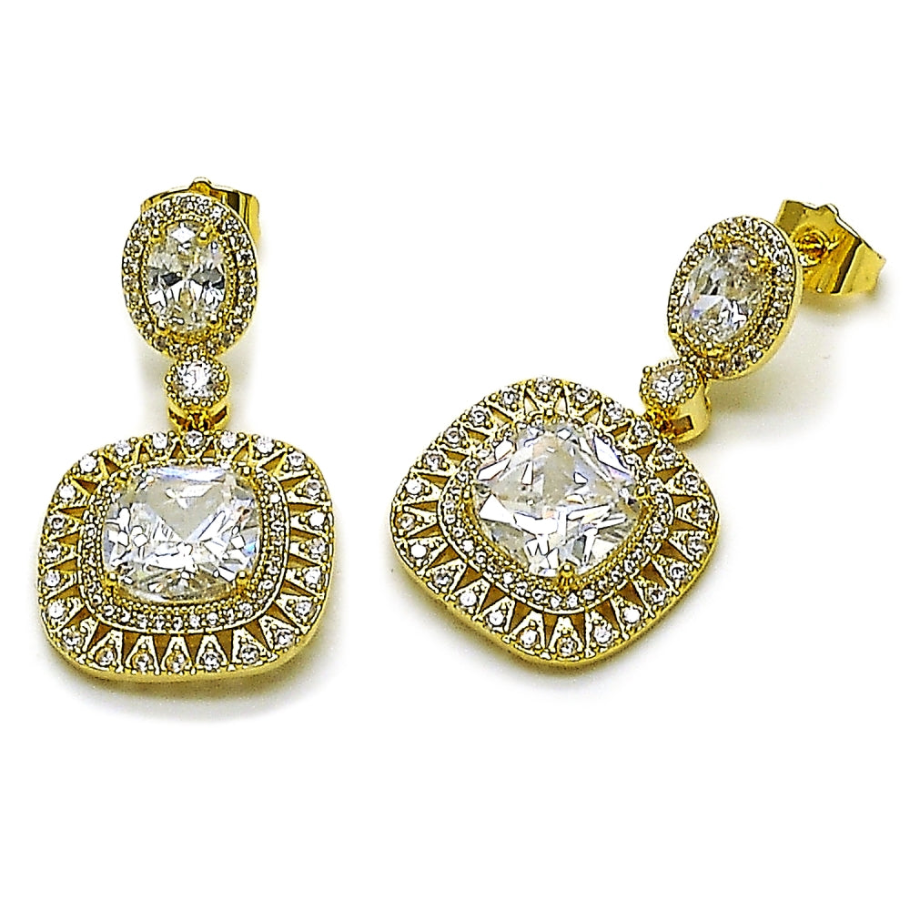 Oro Laminado Dangle Earring, Gold Filled Style Cluster Design, with White Cubic Zirconia and White Micro Pave, Polished, Golden Finish