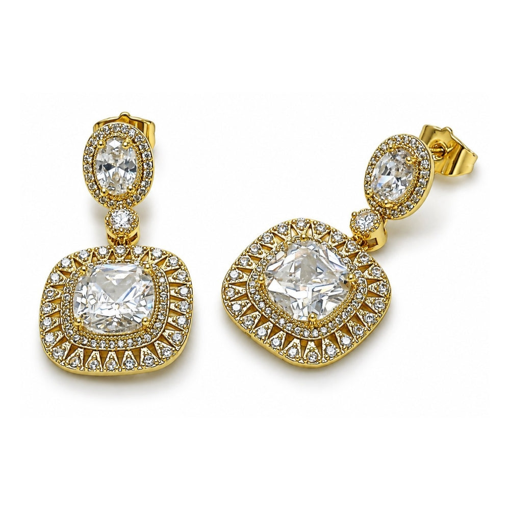 Oro Laminado Dangle Earring, Gold Filled Style Cluster Design, with White Cubic Zirconia and White Micro Pave, Polished, Golden Finish