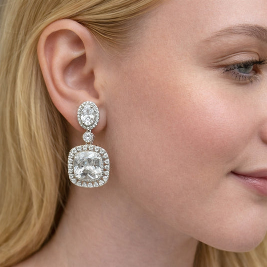Rhodium Gold Filled Dangle Earring, Cluster Design, with White Cubic Zirconia and White Micro Pave, Polished, Rhodium Finish