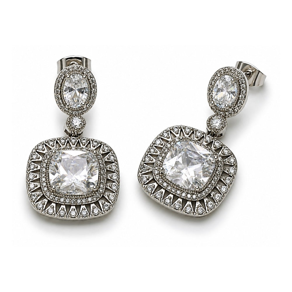 White Gold Filled Dangle Earring, Cluster Design, with White Cubic Zirconia and White Micro Pave, Polished, Rhodium Finish