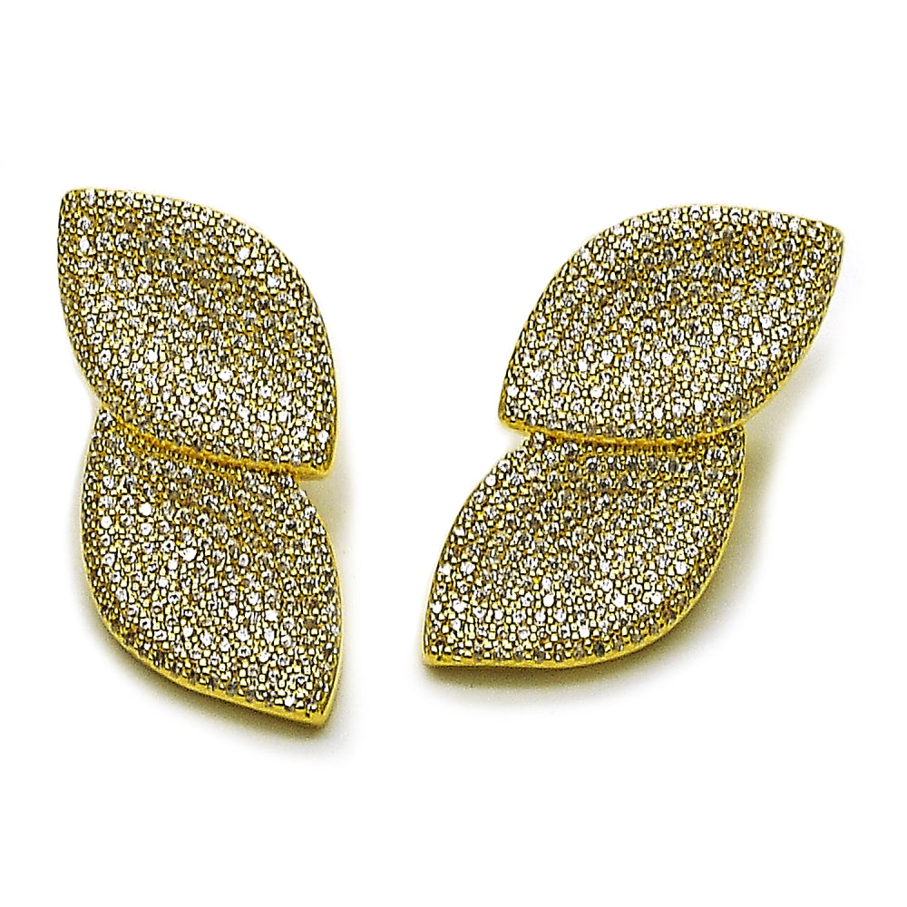 Oro Laminado Stud Earring, Gold Filled Style Leaf Design, with White Cubic Zirconia, Polished, Golden Finish