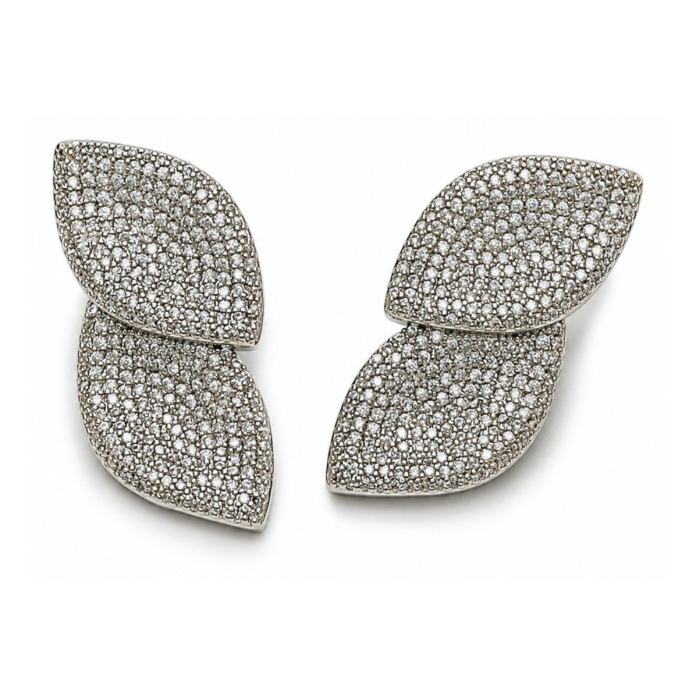 White Gold Filled Stud Earring, Leaf Design, with White Cubic Zirconia, Polished, Rhodium Finish