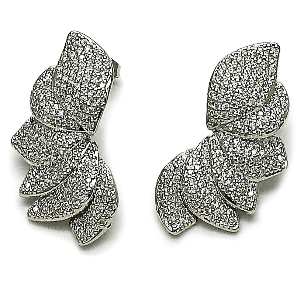 Rhodium Gold Filled Stud Earring, Flower Design, with White Cubic Zirconia, Polished, Rhodium Finish