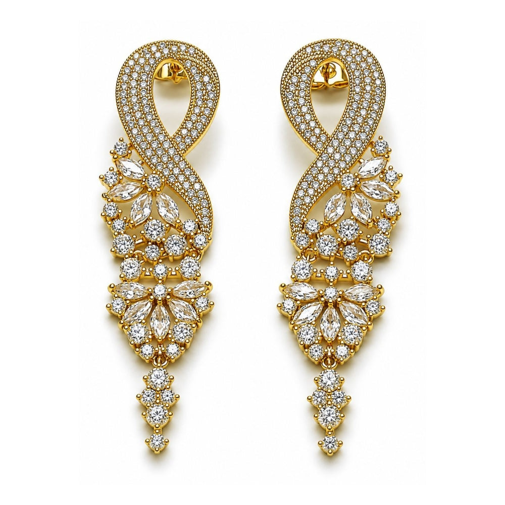 Oro Laminado Long Earring, Gold Filled Style Infinite Design, with White Cubic Zirconia, Polished, Golden Finish