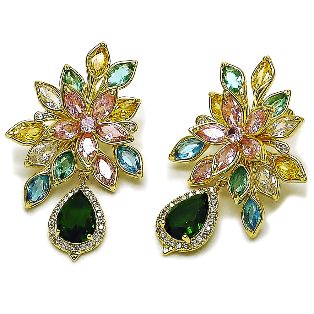 Oro Laminado Stud Earring, Gold Filled Style Flower and Teardrop Design, with Multicolor and Green Cubic Zirconia, Polished, Golden Finish