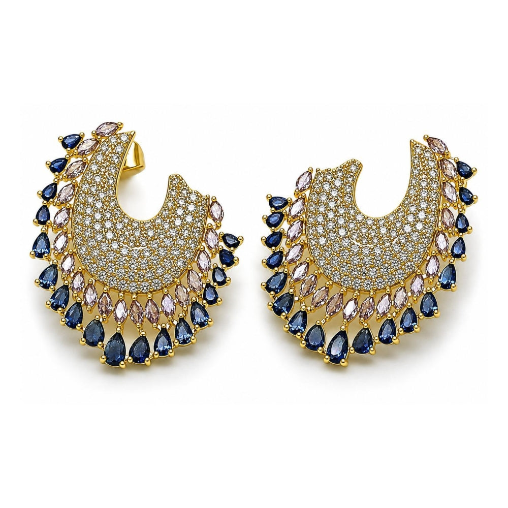 Oro Laminado Stud Earring, Gold Filled Style Teardrop Design, with Sapphire Blue and White Cubic Zirconia, Polished, Golden Finish