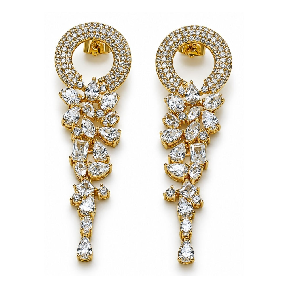 Oro Laminado Long Earring, Gold Filled Style with White Cubic Zirconia, Polished, Golden Finish