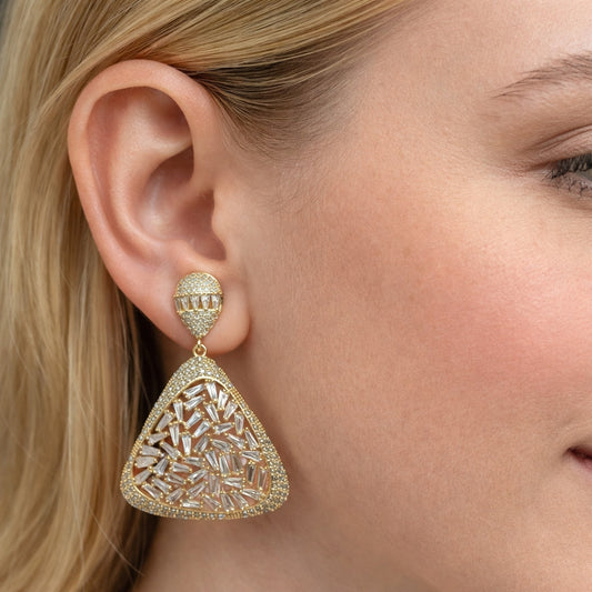 Oro Laminado Stud Earring, Gold Filled Style Teardrop and Baguette Design, with White Cubic Zirconia and White Micro Pave, Polished, Golden Finish