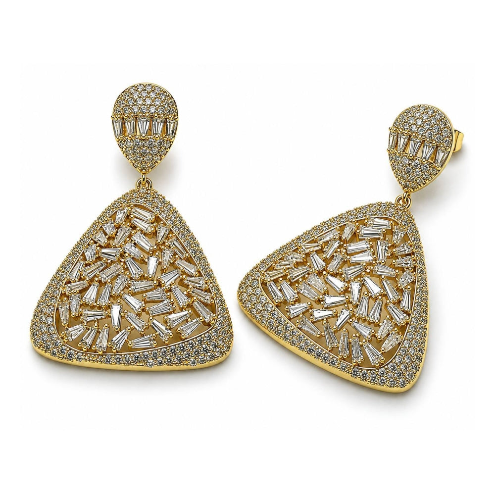 Oro Laminado Stud Earring, Gold Filled Style Teardrop and Baguette Design, with White Cubic Zirconia and White Micro Pave, Polished, Golden Finish