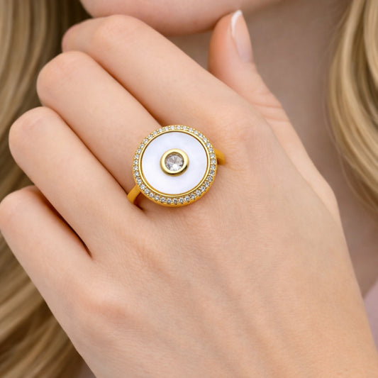 Oro Laminado Multi Stone Ring, Gold Filled Style Cluster Design, with Ivory Mother of Pearl and White Cubic Zirconia, Polished, Golden Finish