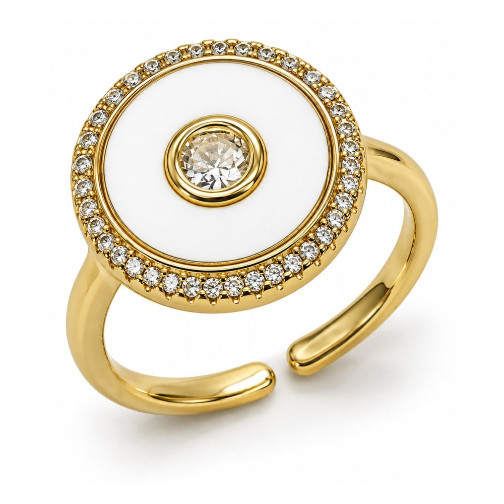 Oro Laminado Multi Stone Ring, Gold Filled Style Cluster Design, with Ivory Mother of Pearl and White Cubic Zirconia, Polished, Golden Finish