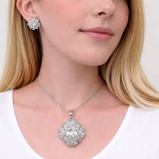 White Gold Filled Earring and Pendant Adult Set, Cluster Design, with White Cubic Zirconia, Polished, Rhodium Finish