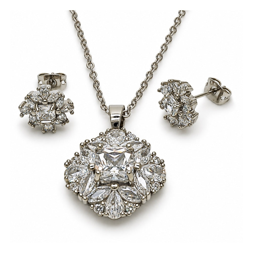 White Gold Filled Earring and Pendant Adult Set, Cluster Design, with White Cubic Zirconia, Polished, Rhodium Finish