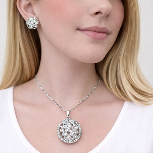 Rhodium Gold Filled Earring and Pendant Adult Set, Flower Design, with White Cubic Zirconia, Polished, Rhodium Finish