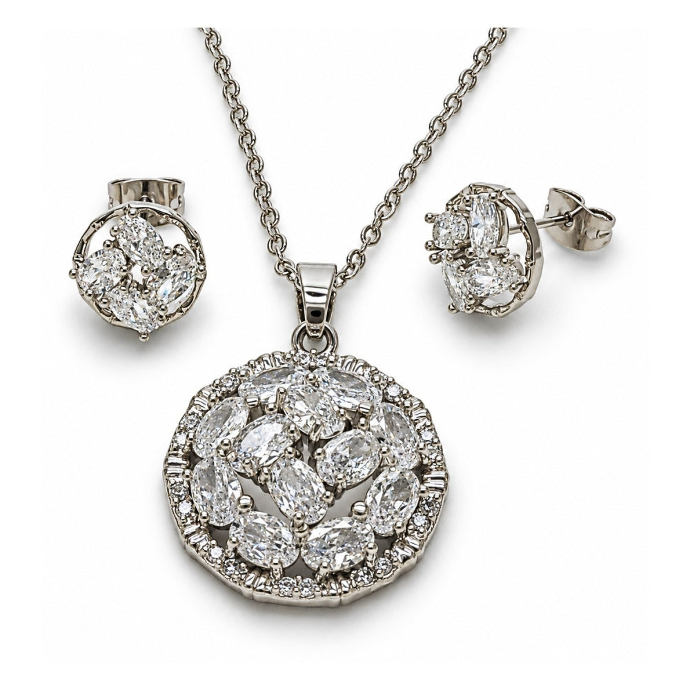 White Gold Filled Earring and Pendant Adult Set, Flower Design, with White Cubic Zirconia, Polished, Rhodium Finish