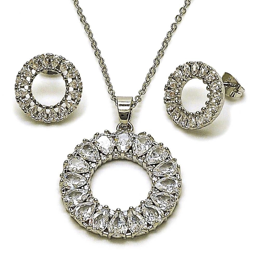 Rhodium Gold Filled Earring and Pendant Adult Set, Teardrop Design, with White Cubic Zirconia, Polished, Rhodium Finish