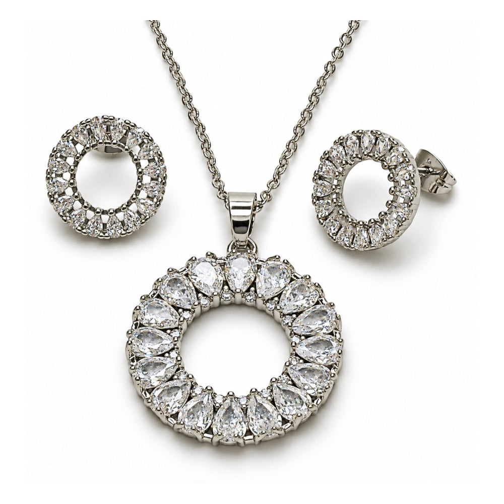 White Gold Filled Earring and Pendant Adult Set, Teardrop Design, with White Cubic Zirconia, Polished, Rhodium Finish