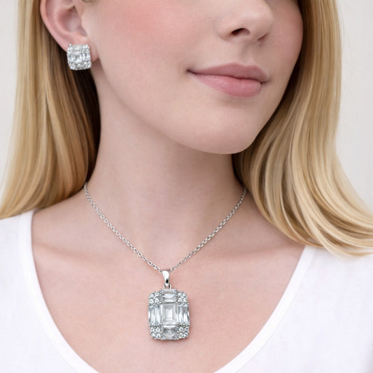Rhodium Gold Filled Earring and Pendant Adult Set, Cluster Design, with White Cubic Zirconia, Polished, Rhodium Finish
