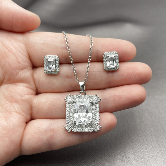 Rhodium Gold Filled Earring and Pendant Adult Set, Cluster and Baguette Design, with White Cubic Zirconia, Polished, Rhodium Finish