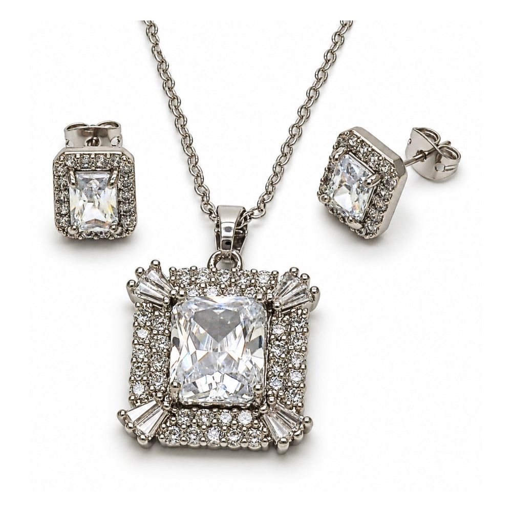 White Gold Filled Earring and Pendant Adult Set, Cluster and Baguette Design, with White Cubic Zirconia, Polished, Rhodium Finish