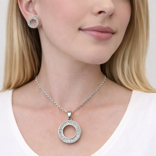 Rhodium Gold Filled Earring and Pendant Adult Set, Baguette Design, with White Cubic Zirconia and White Micro Pave, Polished, Rhodium Finish