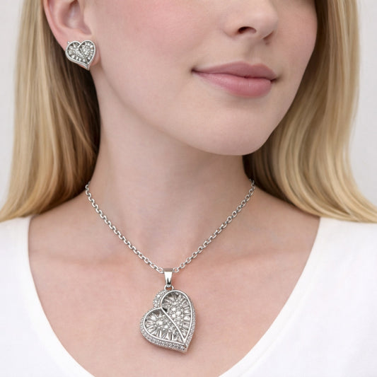 Rhodium Gold Filled Earring and Pendant Adult Set, Heart and Cluster Design, with White Cubic Zirconia, Polished, Rhodium Finish